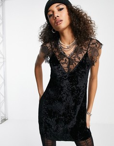 Черное платье-комбинация из бархата с кружевной отделкой Topshop-Черный