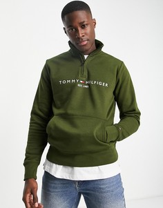 Зеленый свитшот с вышитым логотипом-флагом и короткой молнией Tommy Hilfiger-Зеленый цвет