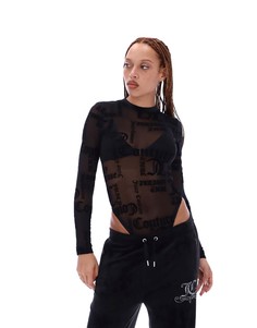 Черное боди из сетки с графическим принтом с названием бренда Juicy Couture-Черный цвет