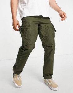 Прямые брюки с карманами карго на ремешках цвета хаки Topman-Зеленый цвет