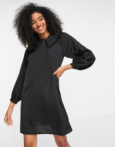 Черное свободное платье мини из переработанных материалов с кружевной отделкой на воротнике Vila-Черный цвет
