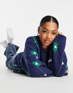 Новогодний джемпер с узором деревьев и ромбов ASOS DESIGN-Темно-синий