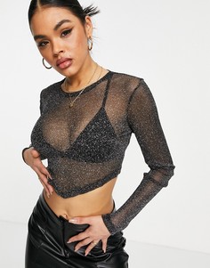 Черный сетчатый топ с асимметричным краем и с блестками ASOS DESIGN-Черный цвет