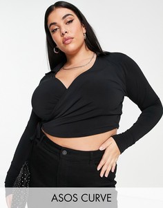 Черный топ на запахе с воротником ASOS DESIGN Curve-Черный цвет