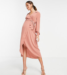 Терракотовое платье миди с воротником на запахе и завязывающимся поясом ASOS DESIGN Maternity-Розовый цвет