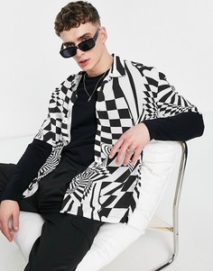 Атласная рубашка с абстрактным принтом черного цвета Bershka-Черный цвет