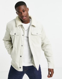 Серая вельветовая куртка с воротником из искусственной овчины Topman-Серый