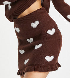 Мини-юбка шоколадного цвета с оборкой по краю и сердечками Miss Selfridge Petite-Коричневый цвет