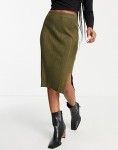 Юбка миди цвета хаки в рубчик с разрезом сбоку Vero Moda-Зеленый цвет