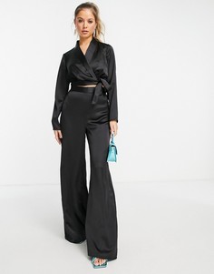 Черные атласные брюки с широкими штанинами Miss Selfridge-Черный цвет