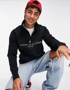 Черный свитшот с вышитым логотипом-флагом и короткой молнией Tommy Hilfiger-Черный цвет