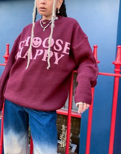 Свободный трикотажный джемпер бордового цвета с надписью "Choose happy" Topshop-Красный