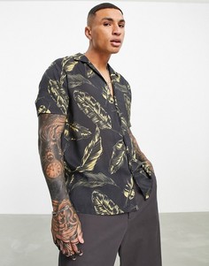 Черная рубашка из вискозы с глубоким V-образным вырезом и принтом перьев Topman-Черный цвет