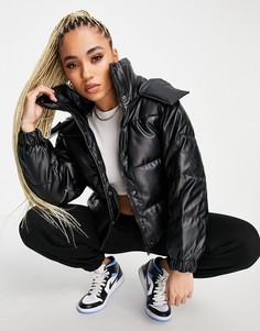 Укороченная дутая куртка в стиле oversized из искусственной кожи с капюшоном Sixth June-Черный цвет