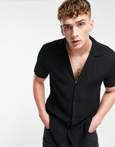 Черная рубашка из жатой вискозы с глубоким вырезом и отложным воротником Topman-Черный цвет
