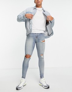Выбеленные тонированные джинсы облегающего кроя со рваной отделкой Topman-Голубой