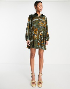 Платье-рубашка мини с разноцветным природным принтом Topshop-Разноцветный