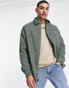 Зеленая свободная рубашка в стиле oversized из материала с добавлением шерсти с узором «в елочку» ASOS DESIGN-Зеленый цвет