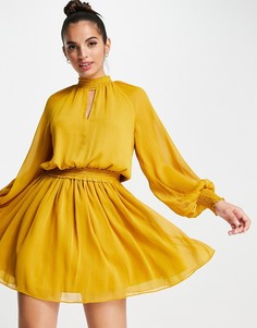 Горчичное платье мини с длинными рукавами и каплевидным вырезом в стиле 70-х Forever New-Желтый