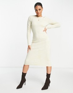 Кремовое трикотажное платье миди с длинными рукавами NA-KD-Белый