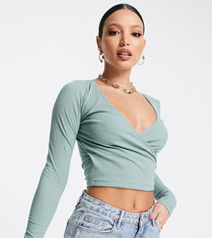 Бирюзовый кроп-топ с длинными рукавами и запахом спереди ASOS DESIGN Tall-Зеленый цвет