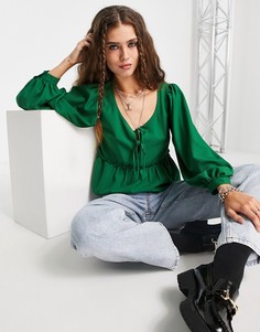 Зеленый фактурный топ с баской и завязкой спереди Topshop-Зеленый цвет