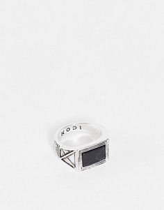 Серебристое кольцо-печатка с черным искусственным камнем Icon Brand-Серебряный