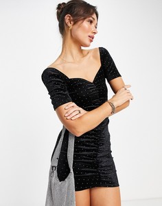 Черное бархатное платье мини со сборками и стразами ASOS DESIGN-Черный цвет