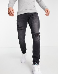 Эластичные зауженные джинсы черного выбеленного цвета со рваной отделкой Topman-Черный цвет