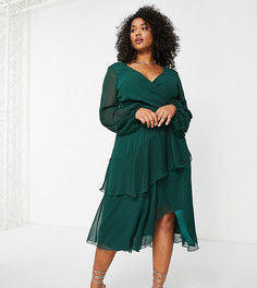 Зеленое платье миди с запахом на талии и двухслойной юбкой ASOS DESIGN Curve-Зеленый цвет