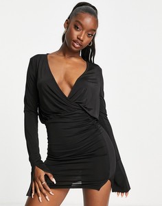 Черное платье мини с драпировкой на груди и разрезами на манжетах ASOS DESIGN-Черный цвет