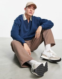 Темно-синий oversized-свитшот с воротником поло в стиле регби с окантовкой ASOS DESIGN-Голубой