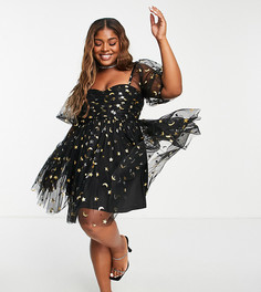 Эксклюзивное черное oversized-платье мини в стиле беби долл с лунным принтом Lace & Beads Plus-Черный цвет