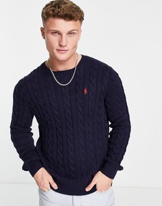 Темно-синий хлопковый вязаный косами джемпер с маленьким логотипом Polo Ralph Lauren