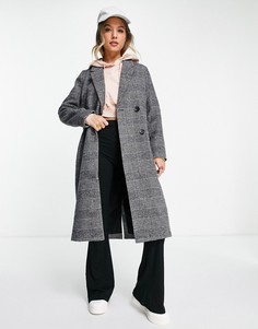 Серое двубортное строгое пальто в клетку Monki-Черный цвет