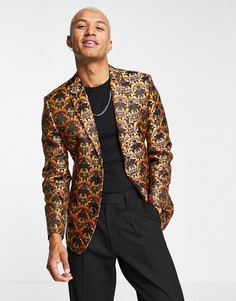 Коричневый узкий пиджак с цветочным жаккардовым узором ASOS DESIGN-Коричневый цвет