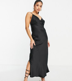Черное атласное платье-комбинация миди Vero Moda Petite-Черный цвет