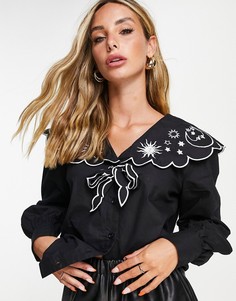 Блузка с объемным воротником и вышивкой в космическом стиле Neon Rose-Черный цвет