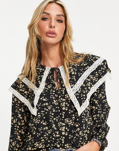 Черная блузка с большим оригинальным воротником River Island-Черный цвет