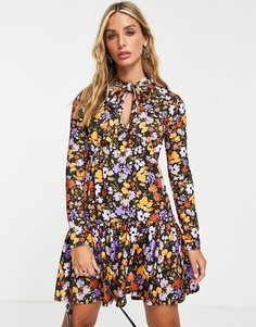 Желтое свободное платье мини с большим бантом и цветочным принтом River Island-Желтый