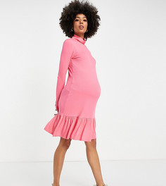 Розовое платье мини с длинными рукавами и оборками Mamalicious Maternity-Розовый цвет Mama.Licious