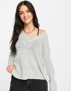Серый джемпер с V-образным вырезом и удлиненной спинкой Brave Soul Quartz