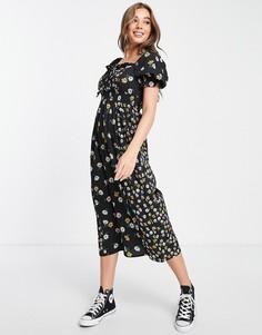 Черное платье миди с вырезом сердечком и мелким цветочным принтом New Look-Черный цвет