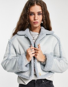 Голубое укороченное пальто под овчину Bershka-Голубой