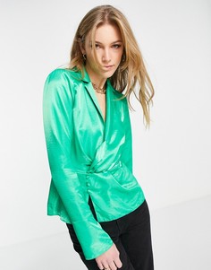 Ярко-зеленый топ с запахом, воротником и пуговицами по бокам ASOS DESIGN-Зеленый цвет