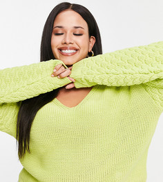 Зеленый джемпер с V-образным вырезом и фактурными рукавами ASOS DESIGN Curve-Зеленый цвет