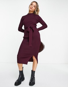 Бордовое трикотажное платье с завязкой на талии New Look-Красный