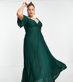 Зеленое плиссированное платье макси с короткими рукавами и перекрученной отделкой на спинке ASOS DESIGN Curve-Зеленый цвет