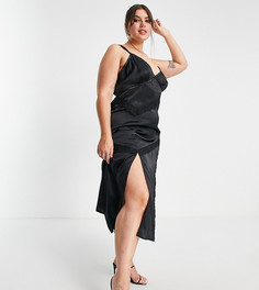 Черное платье-комбинация миди из атласа с кружевными вставками ASOS DESIGN Curve-Черный цвет