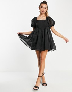 Черное платье мини из органзы с бантом на спине, присборенной юбкой и пышными рукавами Amy Lynn-Черный цвет